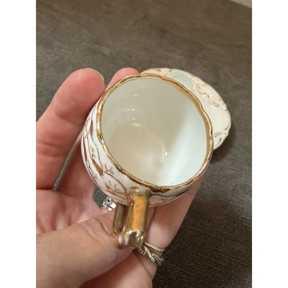 Demitasse Cup & Saucer High Handle Gold On Fine White Porcelain Vintage FLAW